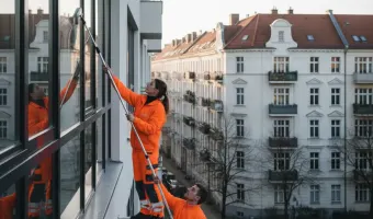 Fensterreinigung in Berlin: Zwei professionelle Fensterputzer in orangefarbener Arbeitskleidung reinigen mit langen Stangen die Fenster eines modernen Gebäudes, mit typischen Berliner Altbauten im Hintergrund.