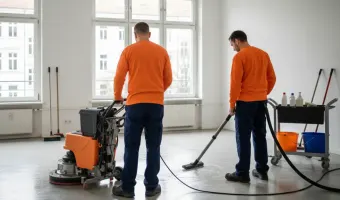 Professionelle Grundreinigung in Berlin: Zwei Reinigungskräfte führen eine gründliche Bodenreinigung mit einer speziellen Reinigungsmaschine und einem Nasssauger in einem leeren Raum durch.