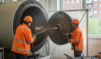 Professionelle Kesselreinigung in Berlin: Zwei Monteure in orangefarbener Schutzkleidung reinigen einen großen Industriekessel, einer mit Funken sprühenden Werkzeugen, der andere mit einer Reinigungsdüse.