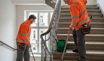 Professionelle Treppenhausreinigung in Berlin: Zwei Mitarbeiter reinigen sorgfältig eine Steintreppe mit Mopp und Eimer.