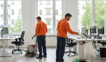 Professionelle Unterhaltsreinigung in Berlin: Zwei Mitarbeiter säubern ein modernes Büro, einer mit Bodenreinigungsmaschine und der andere mit einem Staubwedel an einem Schreibtisch.