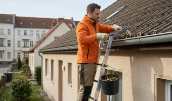 Dachrinnenreinigung in Berlin: Mitarbeiter in orangefarbener Jacke und braun schwarzer Arbeitshose steht auf einer Leiter, die ans Haus und der Dachrinne vom Hause schräg anglehnt ist. An der Seite der Leiter hängt ein schwarzer Plastikeimer mit Laub drin. Der Arbeiter säubert die Dachrinne von Laub und Schmutz, mit einer kleinen Metallschaufel.