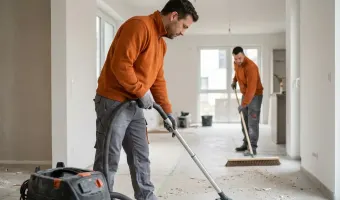Baureinigung in Berlin: Zwei professionelle Reiniger säubern nach Bauarbeiten Böden und Fenster in einem neuen Gebäude. Ein Mitarbeiter arbeiten mit einem Industrie Staubsauger, der andere Mitarbeiter arbeitet mit einem großen Besen