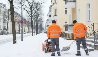 Winterdienst in Berlin: Zwei Mitarbeiter räumen mit Schneeschleuder und Schaufel einen winterlichen Gehweg vor Berliner Wohnhäusern.
