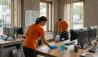 Zwei Reinigungskräfte in orangefarbenen T-Shirts reinigen ein Großraumbüro in Berlin