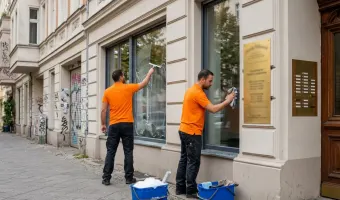 Fensterreinigung im Berliner Stadtviertel: Zwei Männer putzen Schaufenster von aussen