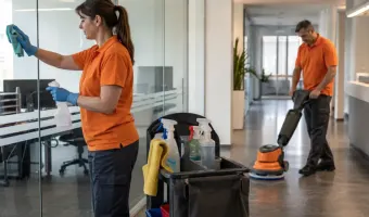 Zwei Reinigungskräfte bei der gewerblichen Reinigung in Berlin in einem modernen Bürogebäude.