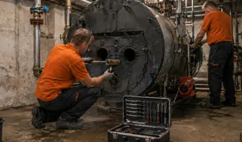 Zwei Techniker bei einer professionellen Kesselreinigung in Berlin im Keller einer großen Industrieheizungsanlage.