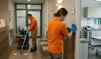 Professionelle Praxisreinigung in Berlin: Reinigungspersonal beim Säubern einer Arztpraxis.