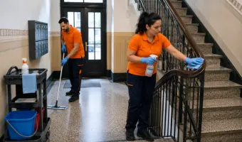 Professionelle Treppenhausreinigung in Berlin durch Reinigungskräfte in einem Wohngebäude.