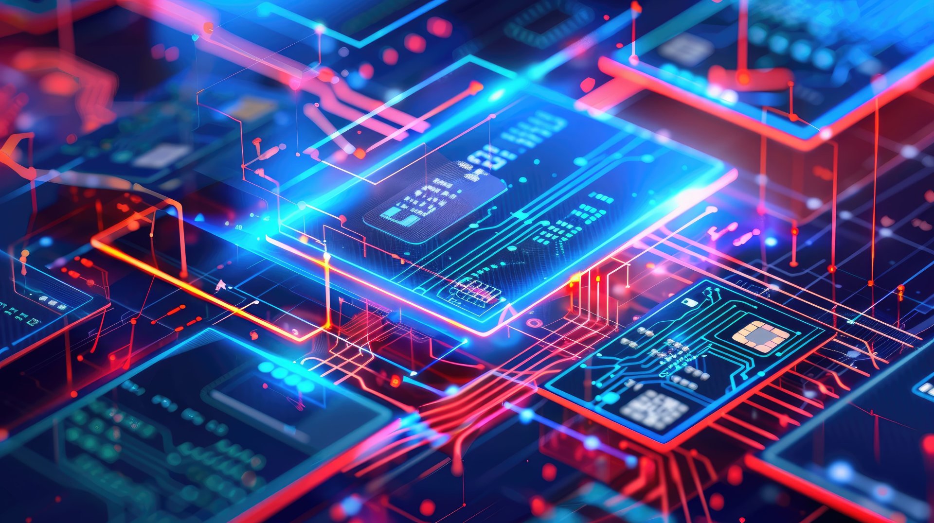 Digital circuit board with glowing microchips