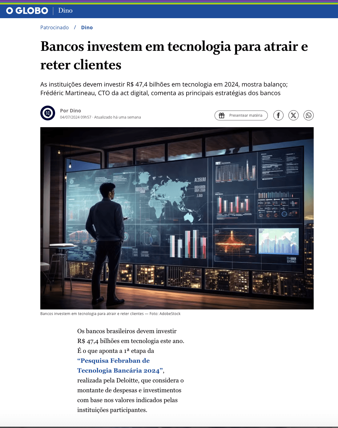 print da matéria do Globo sobre investimento dos bancos em tecnologia