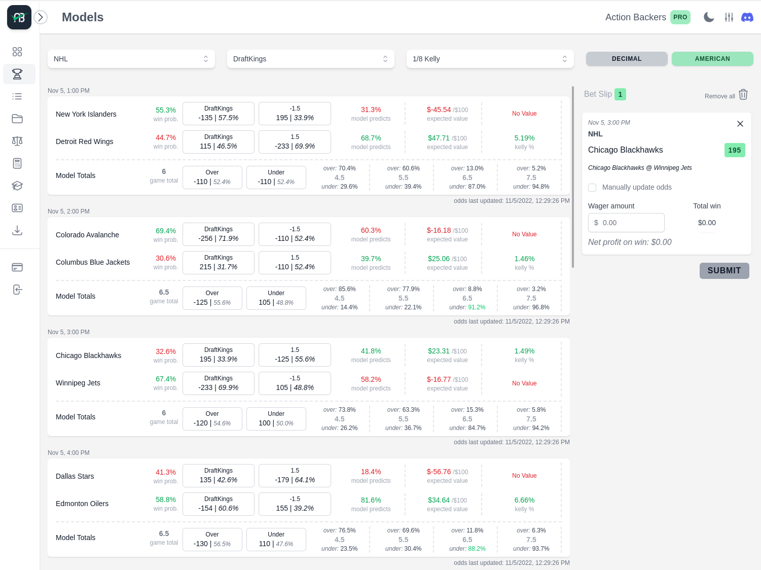 All bets dashboard