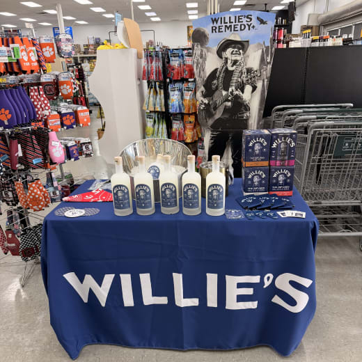Willie's Remedy display set up before a shift