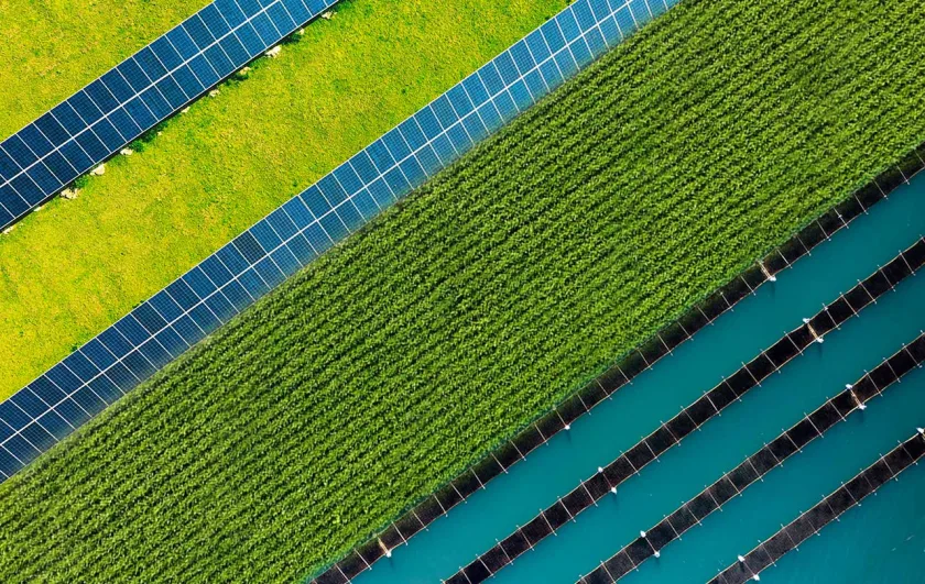 Aerial views of eco-friendly farms: solar farming, carbon farming and seaweed farming.