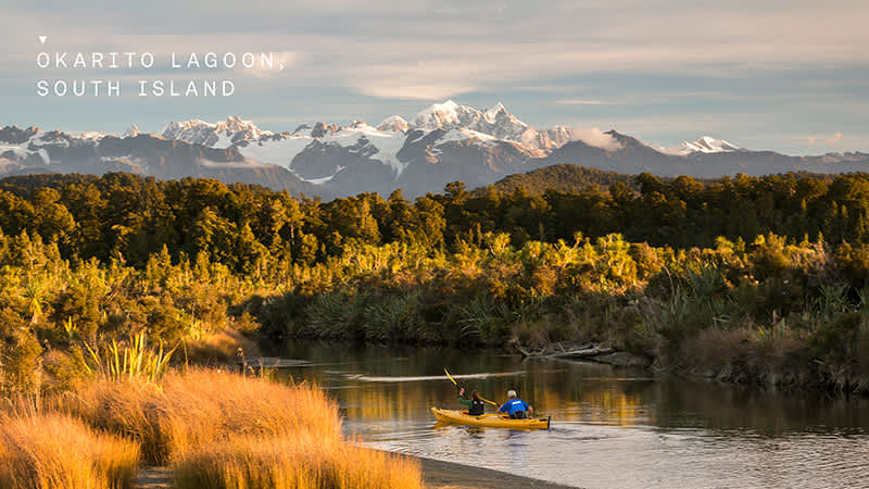 Active Adventures guests kayaking on the Okarito Lagoon West Coast New Zealand