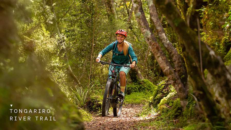 Active Adventures Guest biking the Tongariro River Trail on the Ultimate North Island Adventure