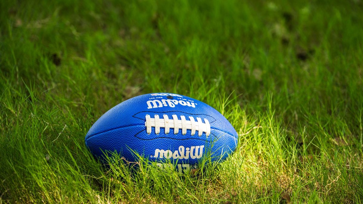 A bright blue Wilson football resting on a lush green grass field, illuminated by sunlight.