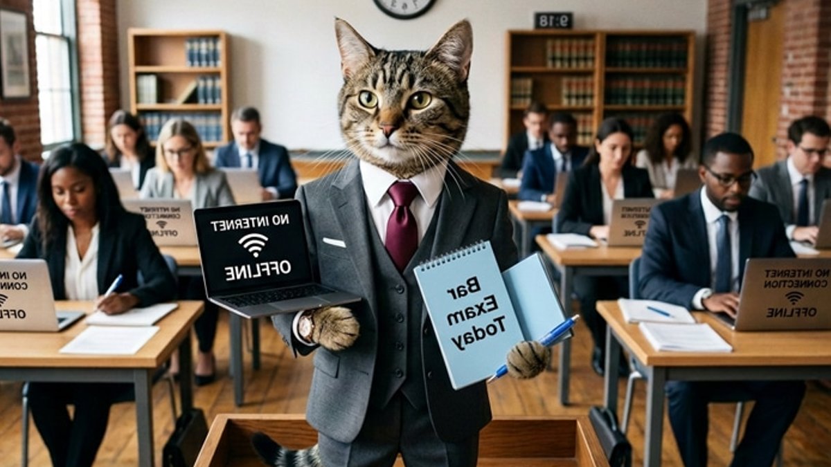 A cat holding a traditional bar exam blue book and pen and a laptop with no internet.