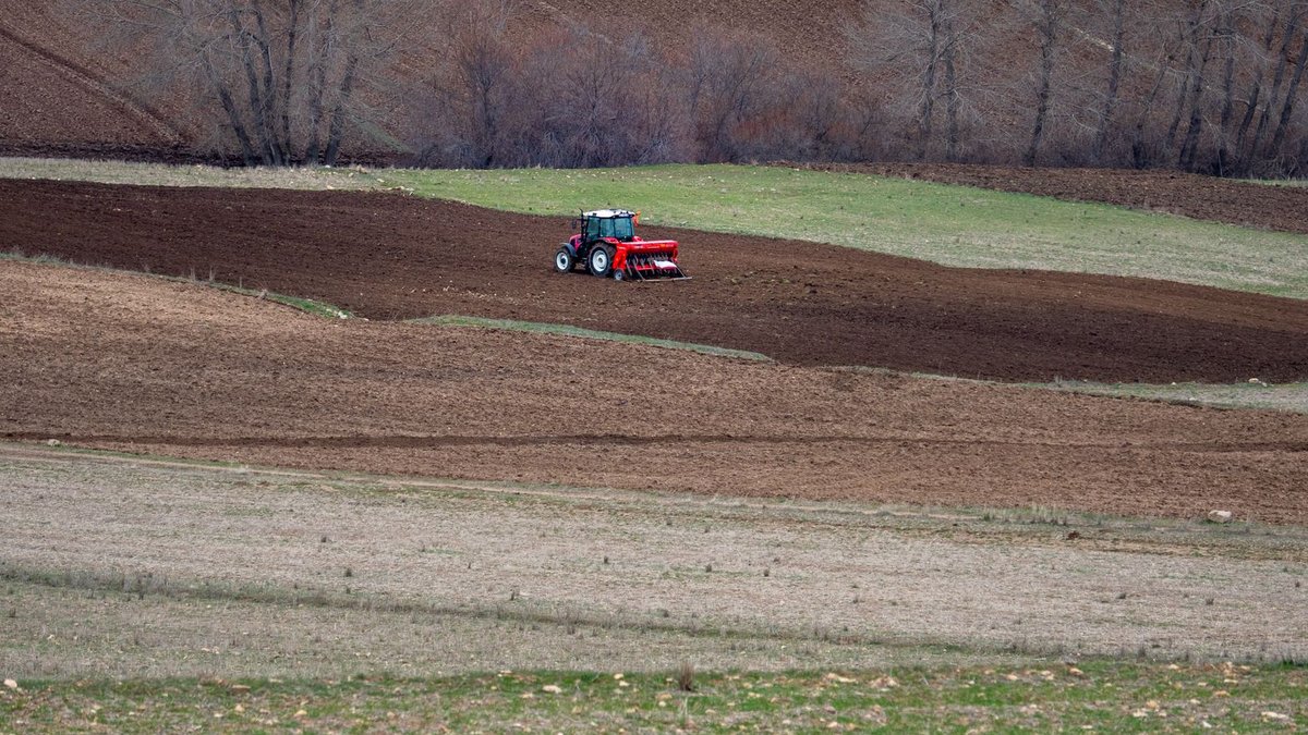 Country Soil named top colour choice A red tractor plowing a vast rural field, surrounded by bare trees and tilled soil in early spring.