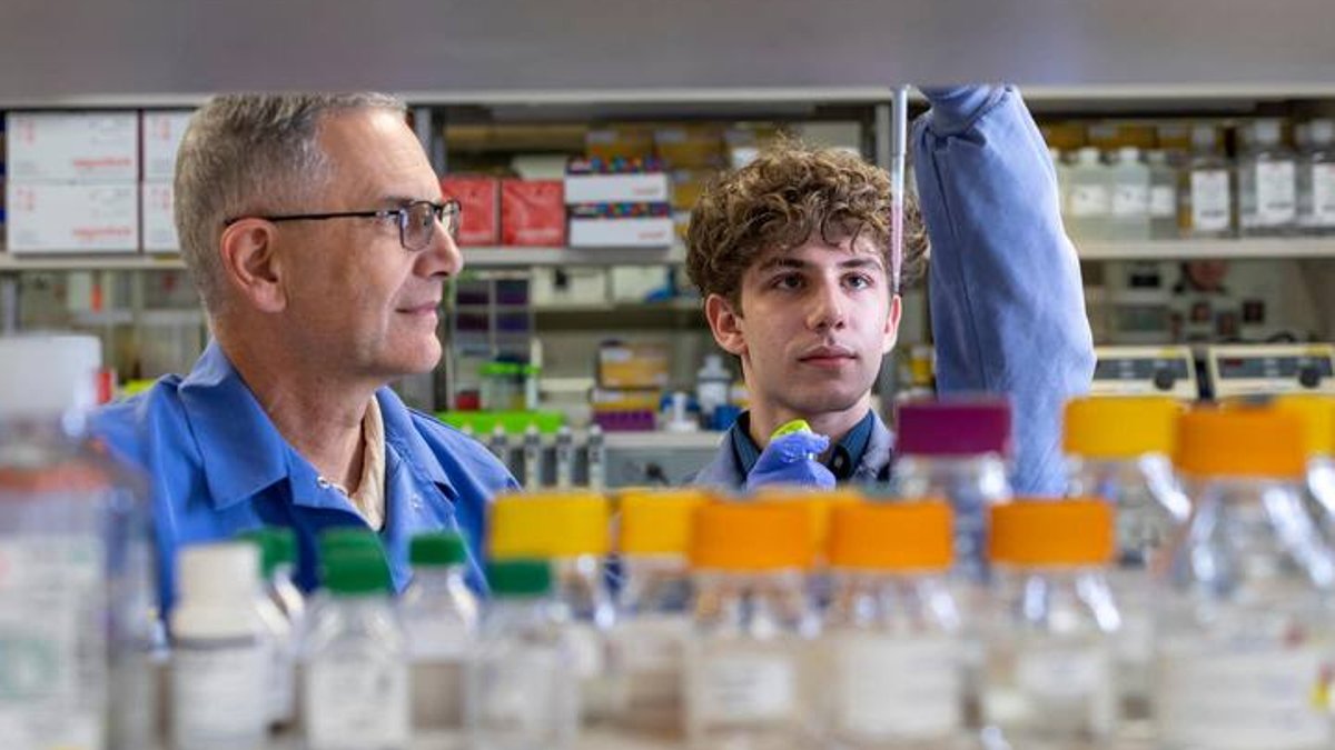 "Alan Alwakeel (left), SPARK scholar, works on research in the lab with a Mayo Clinic research scientist.