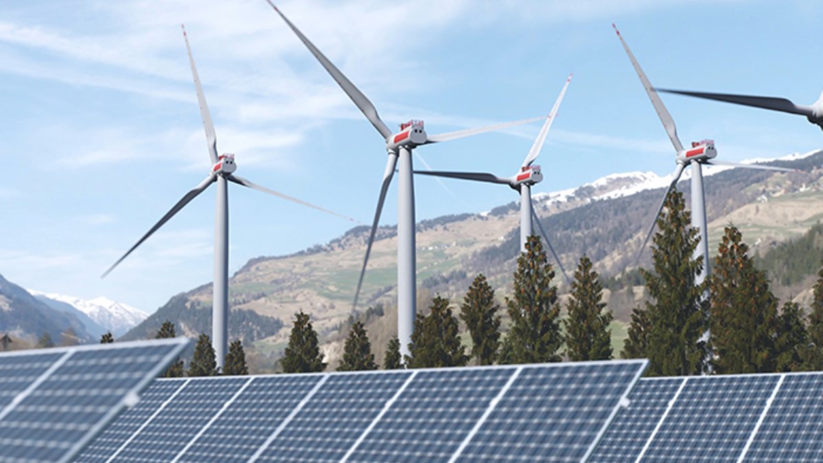 Blend of solar panels and wind turbines.