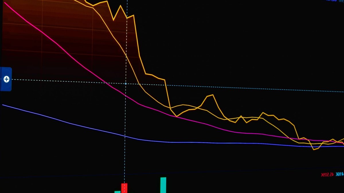 Stock market graph showing trends and data analysis with rising lines.