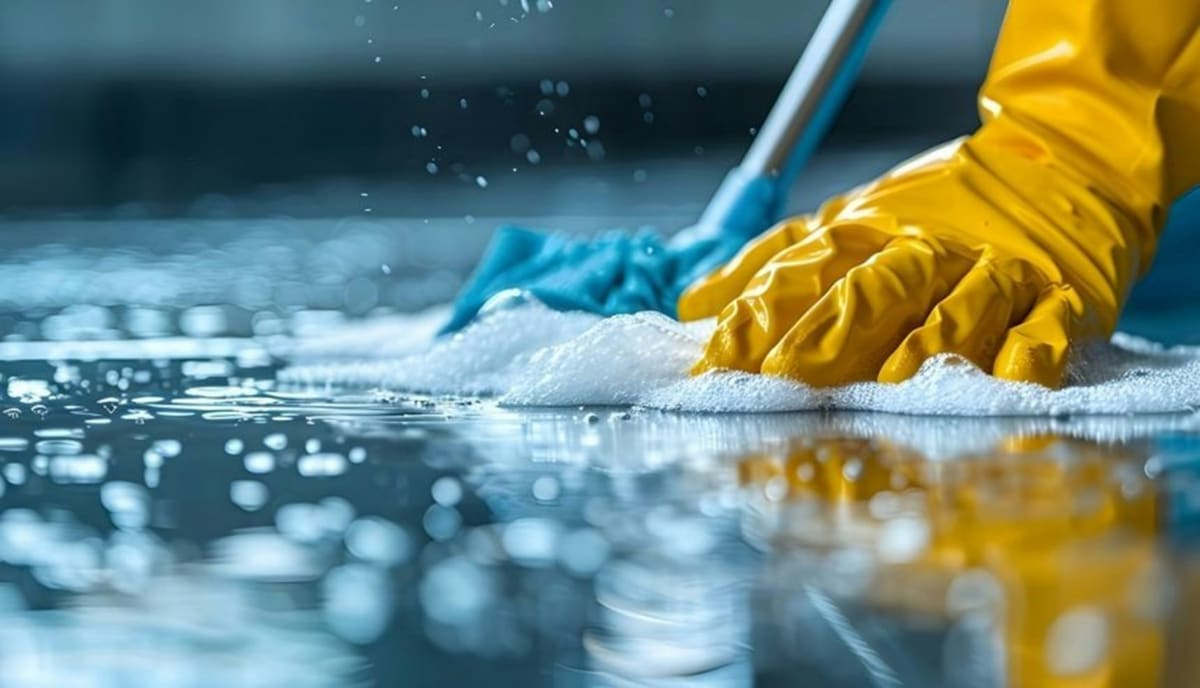 Gloved hand scrubbing a soapy floor with a blue cleaning cloth