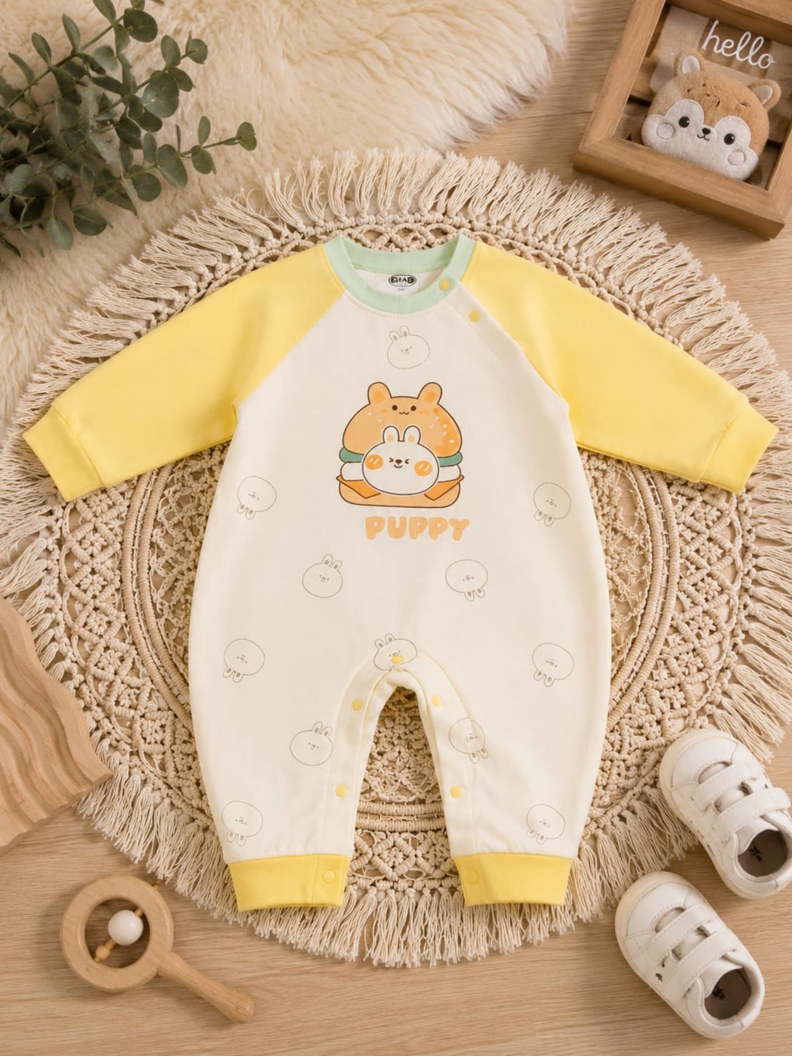 Puppy & Bunny Printed Baby Romper – Cream | Pink & Yellow Imported alternate view