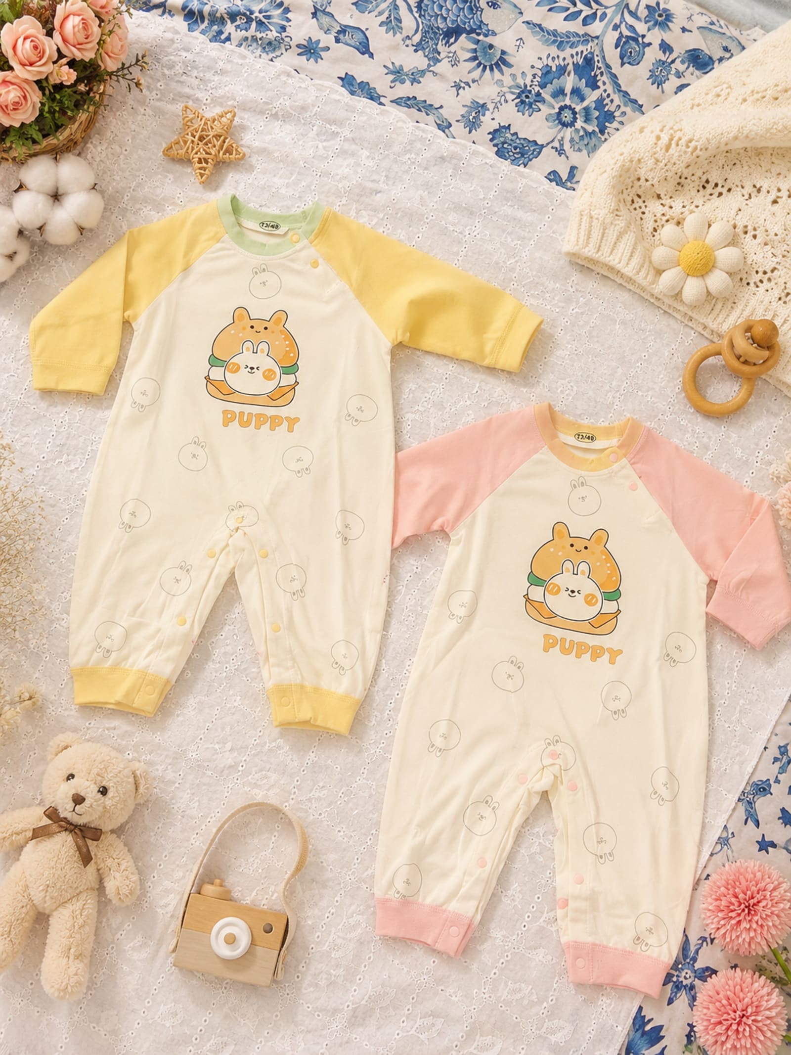 Puppy & Bunny Printed Baby Romper – Cream | Pink & Yellow Imported