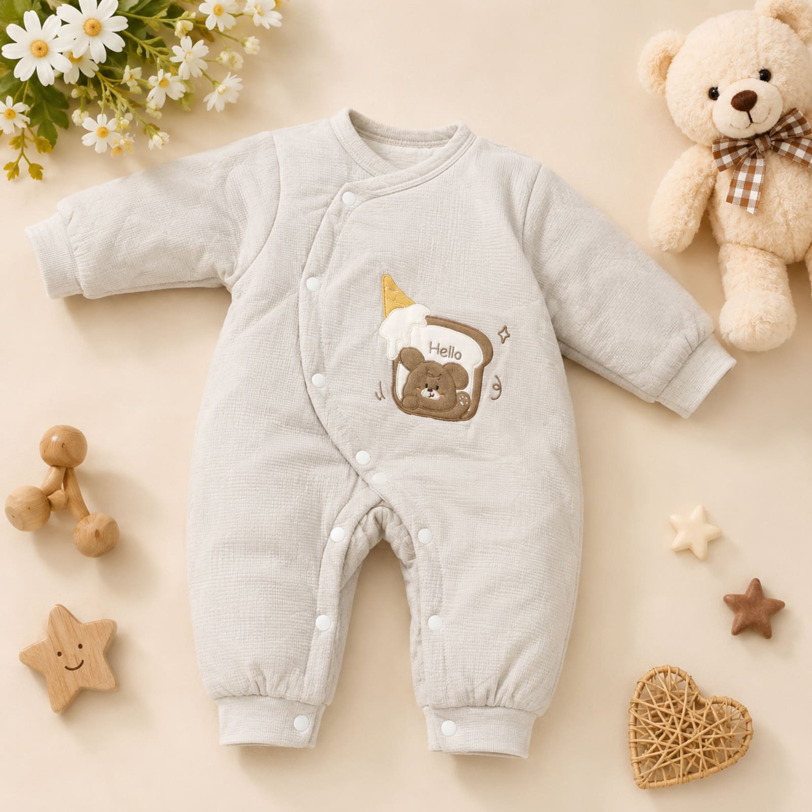 Hello Bear Cozy Padded Baby Winter Romper – Soft Grey | 0–1Y. Imported