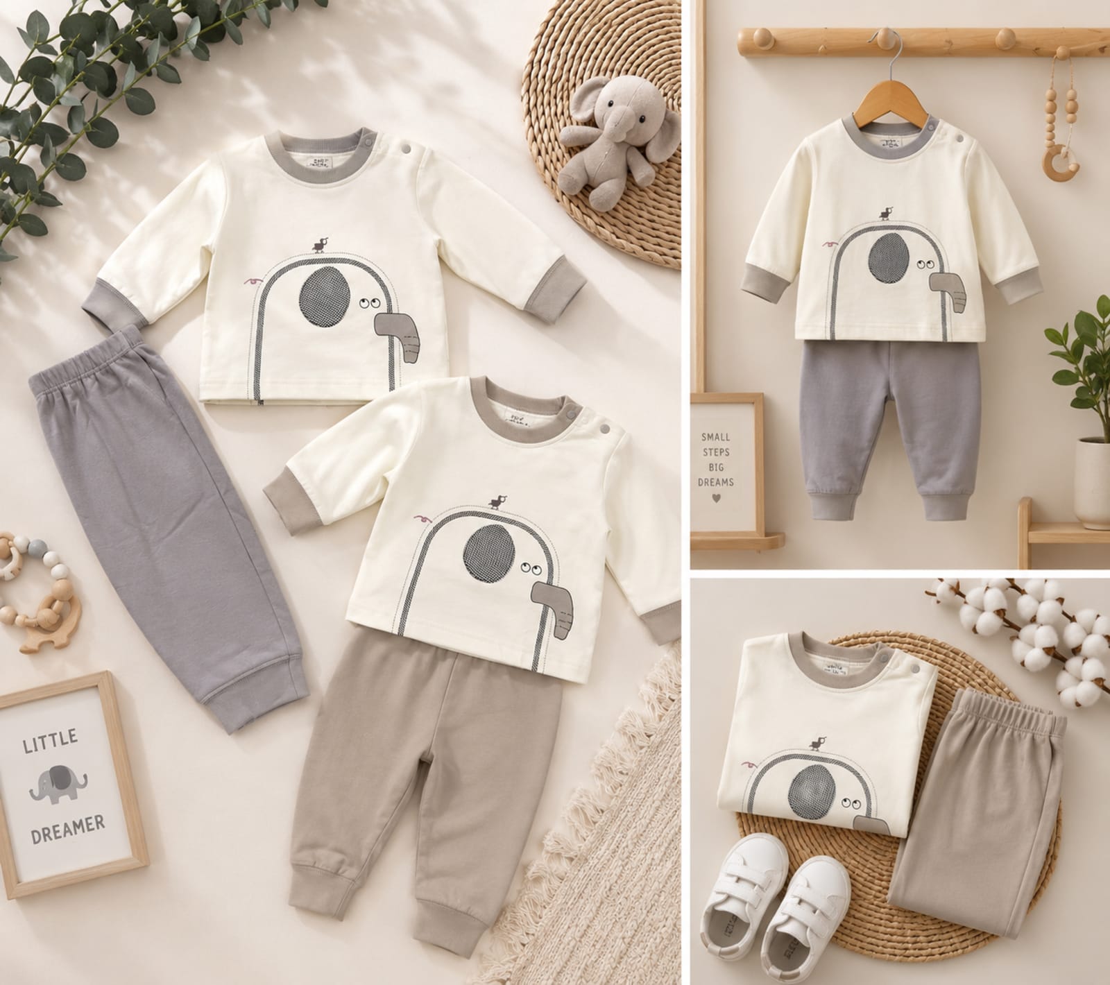 Little Elephant 2-Piece Baby Outfit Set – Cream & Grey | Imported