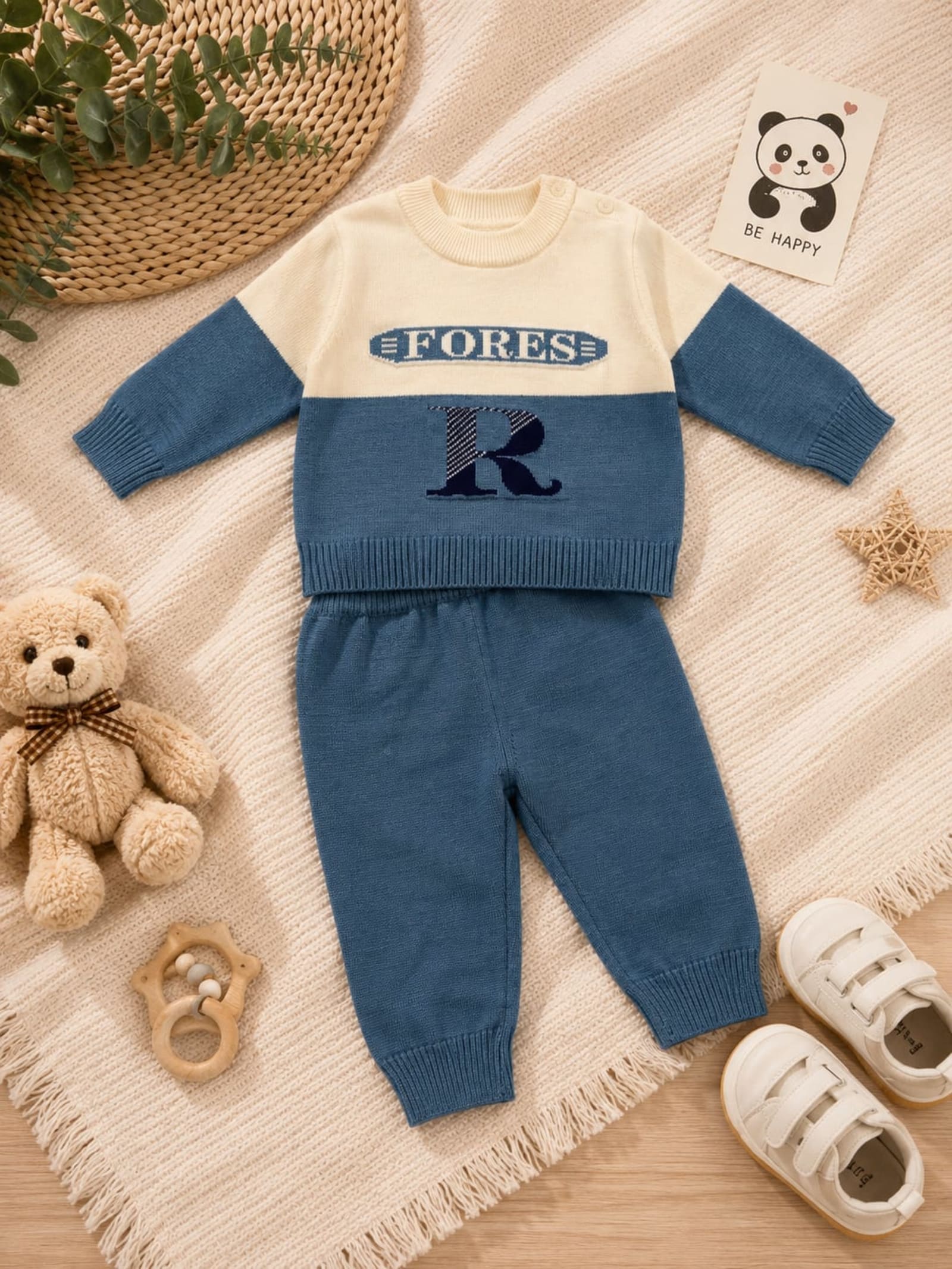 Forest R Premium Imported Knitted 2-Piece Baby Winter Set – Blue & Cream
