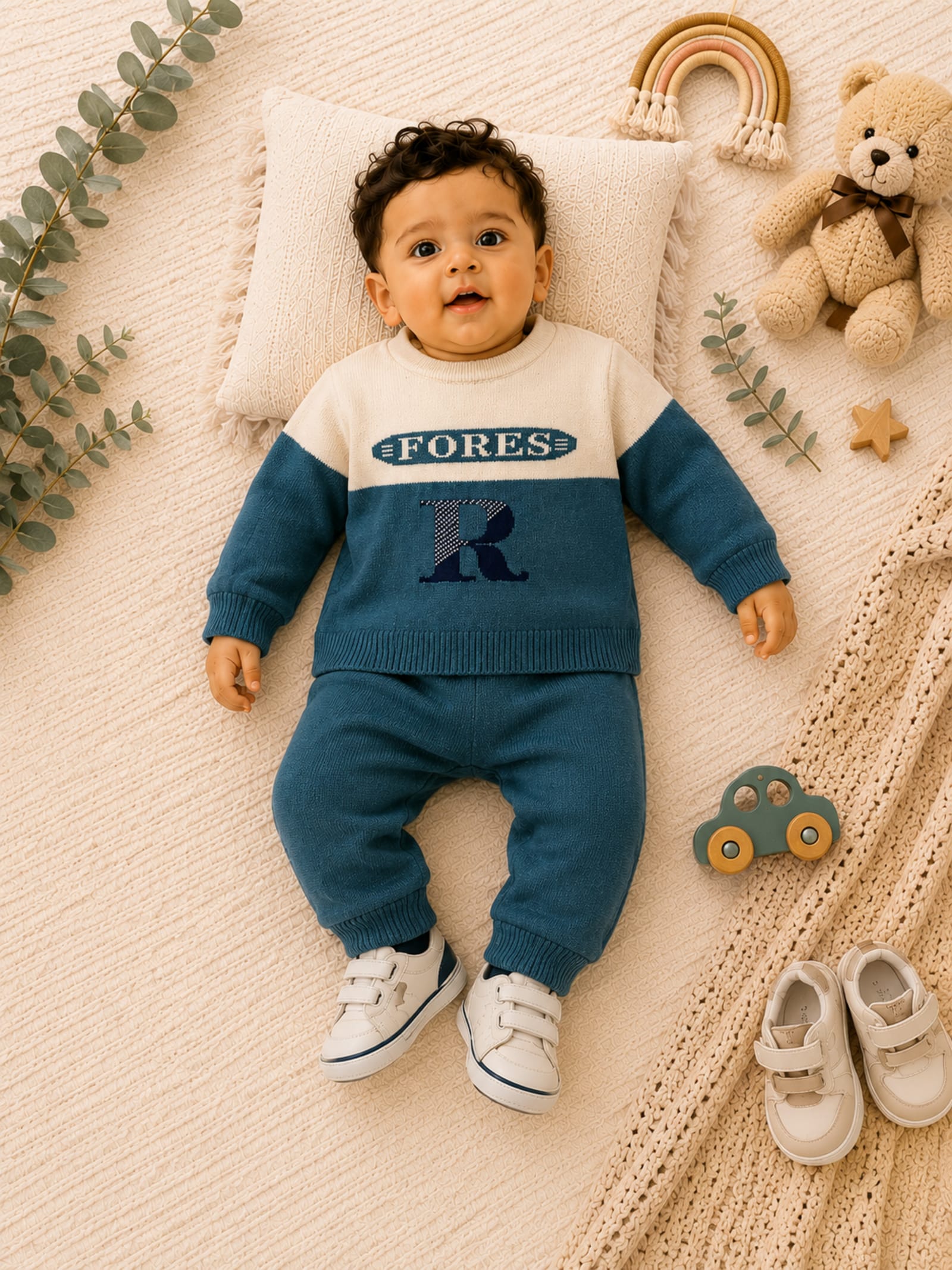 Forest R Premium Imported Knitted 2-Piece Baby Winter Set – Blue & Cream alternate view