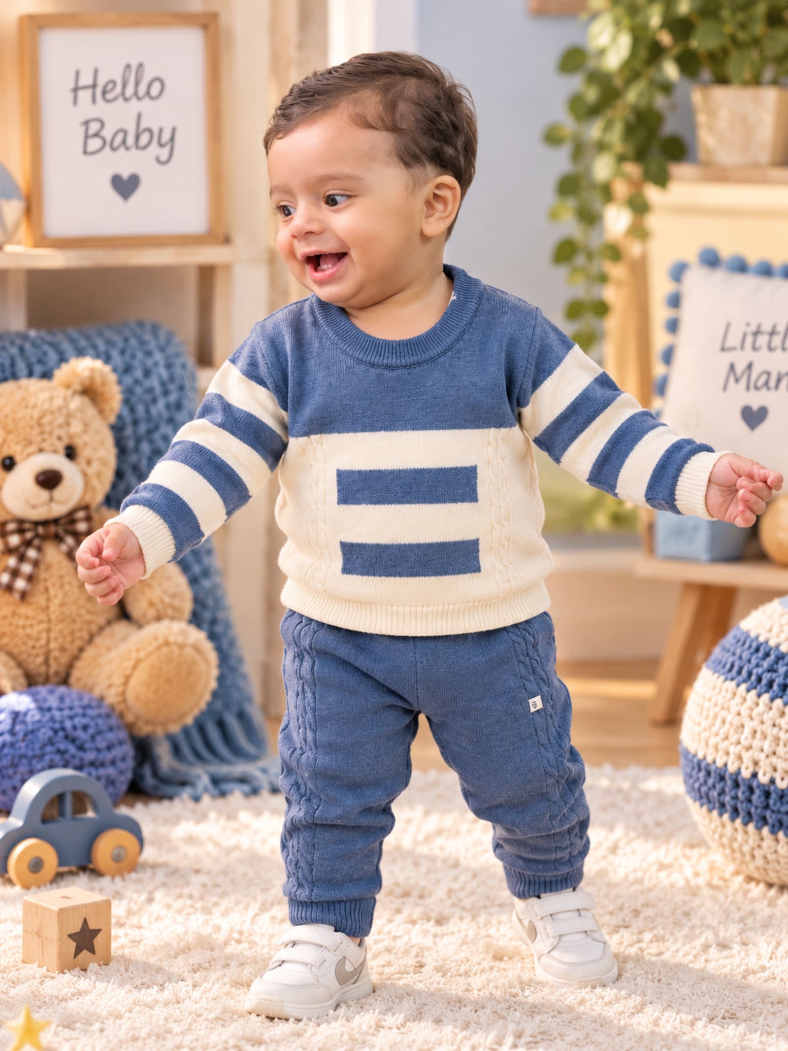 Classic Blue & Cream Striped Knit 2-Piece Boys Winter Set IMP alternate view