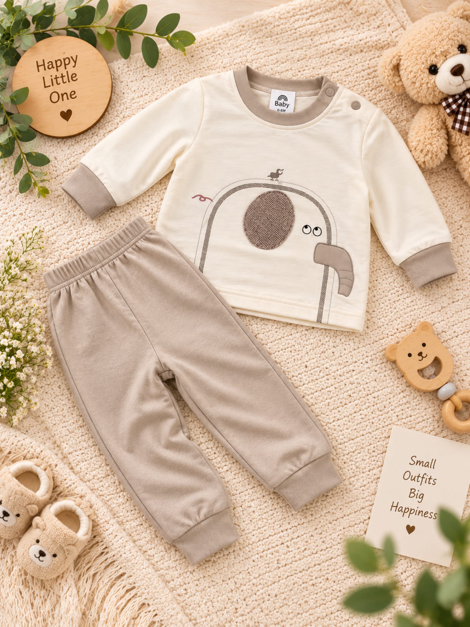 Little Elephant 2-Piece Baby Outfit Set – Cream & Grey | Imported alternate view