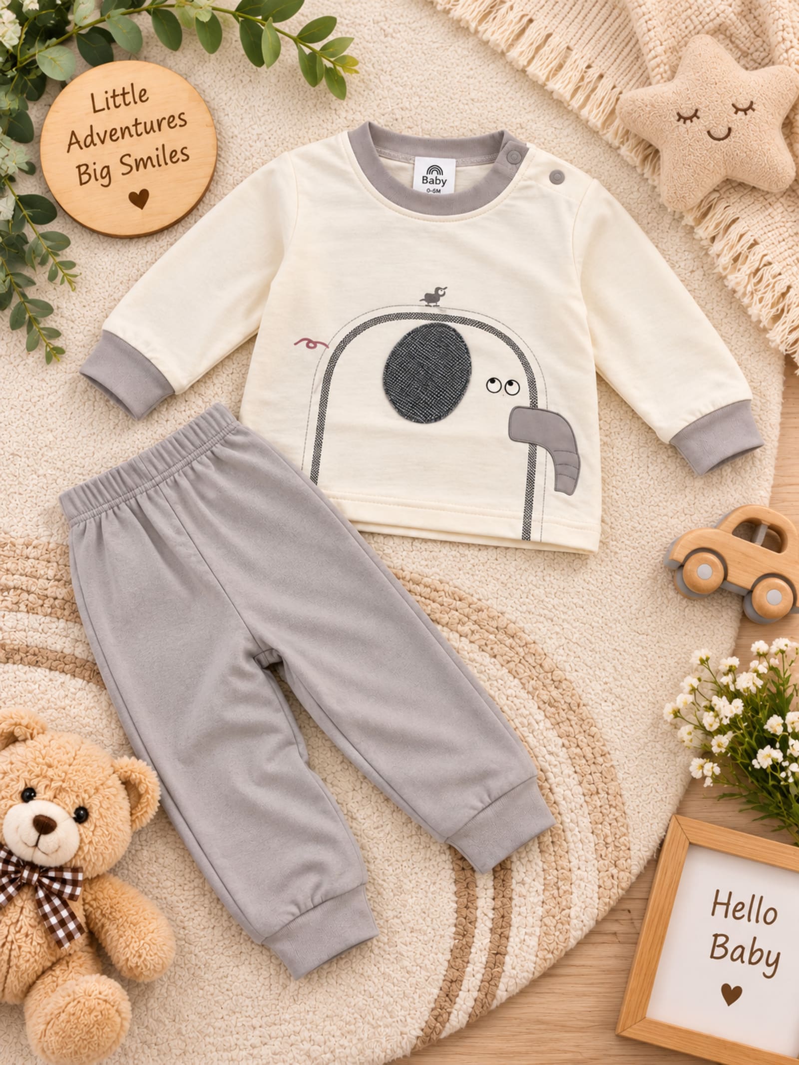 Little Elephant 2-Piece Baby Outfit Set – Cream & Grey | Imported