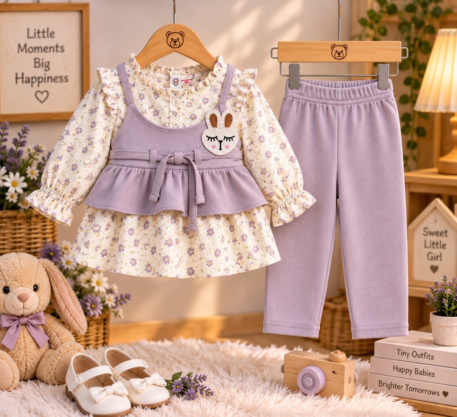 Girls’ 3-Piece Floral Winter Dress Set – Cream, Pink, Lavender & Yellow alternate view
