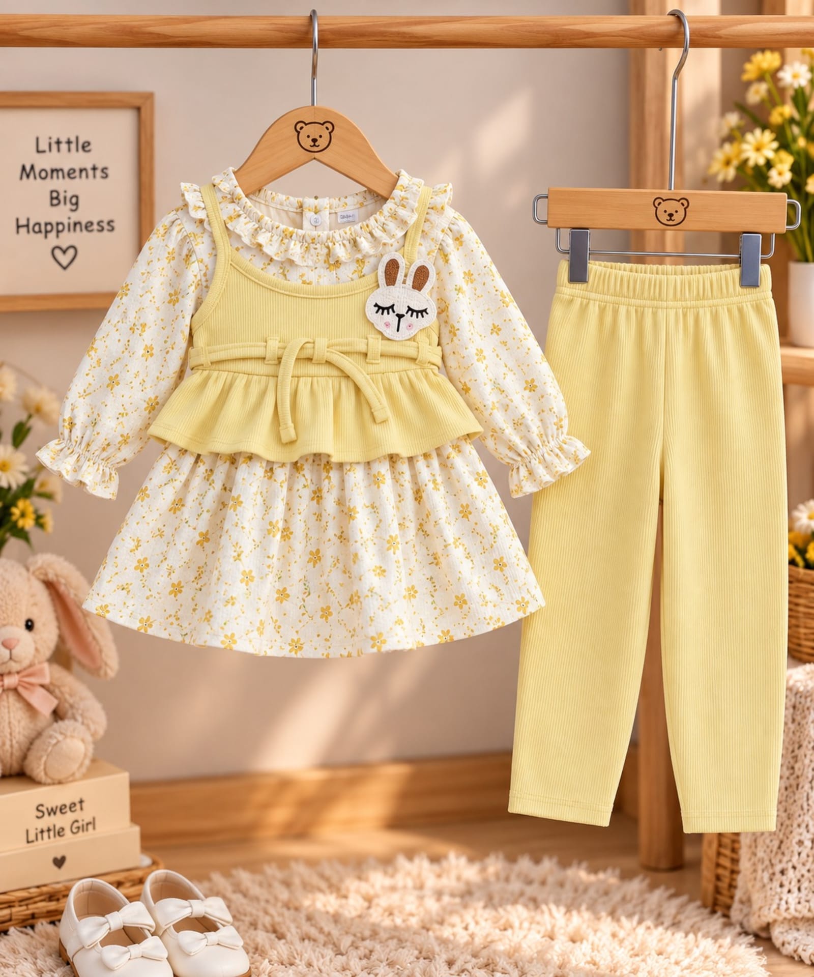 Girls’ 3-Piece Floral Winter Dress Set – Cream, Pink, Lavender & Yellow