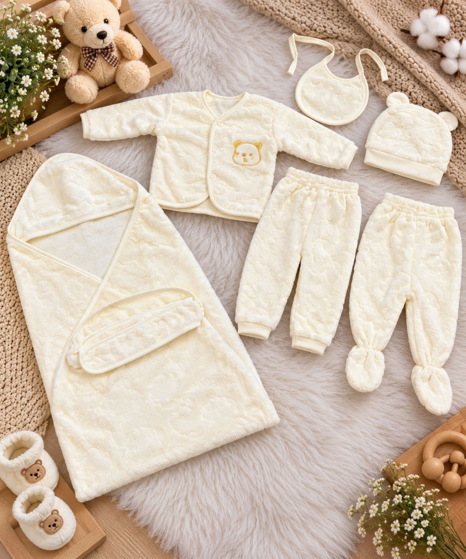 Premium 7-Piece Baby Winter Essentials Set – Pink, Cream & Blue