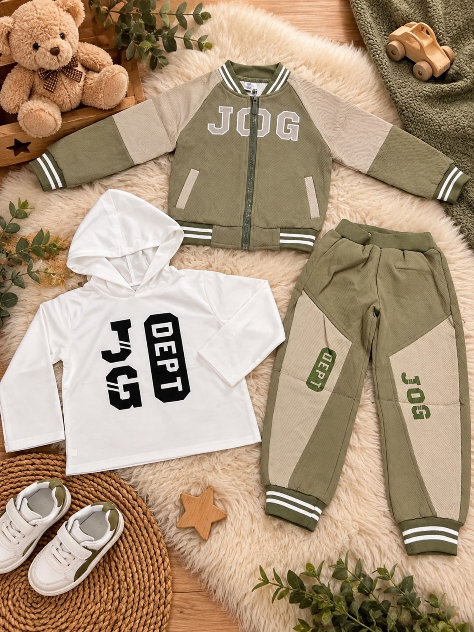Boys 3-Piece Winter Outfit Set – Beige & Khaaki Printed Hoodie, Jacket & Jogger Pants