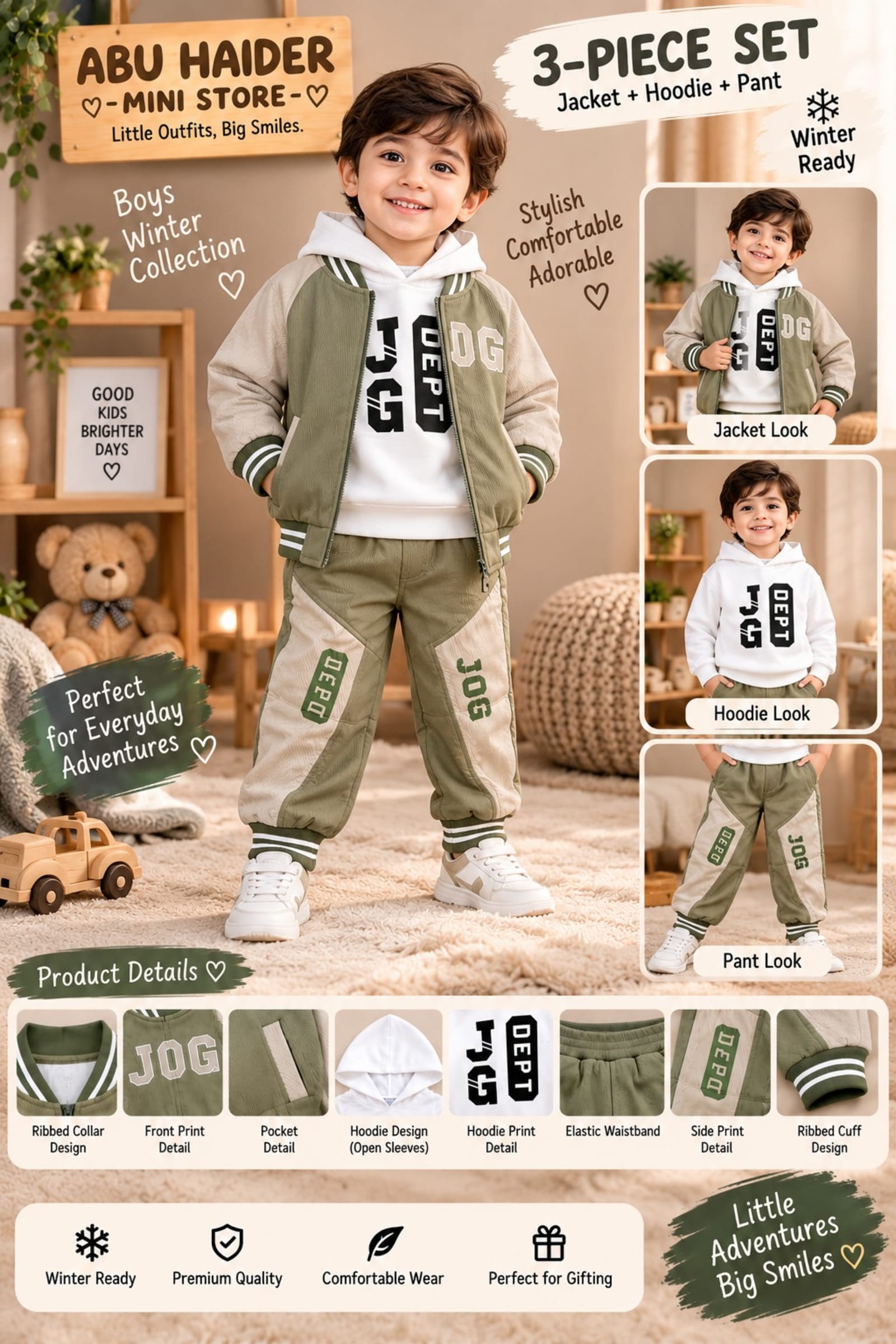 Boys 3-Piece Winter Outfit Set – Beige & Khaaki Printed Hoodie, Jacket & Jogger Pants