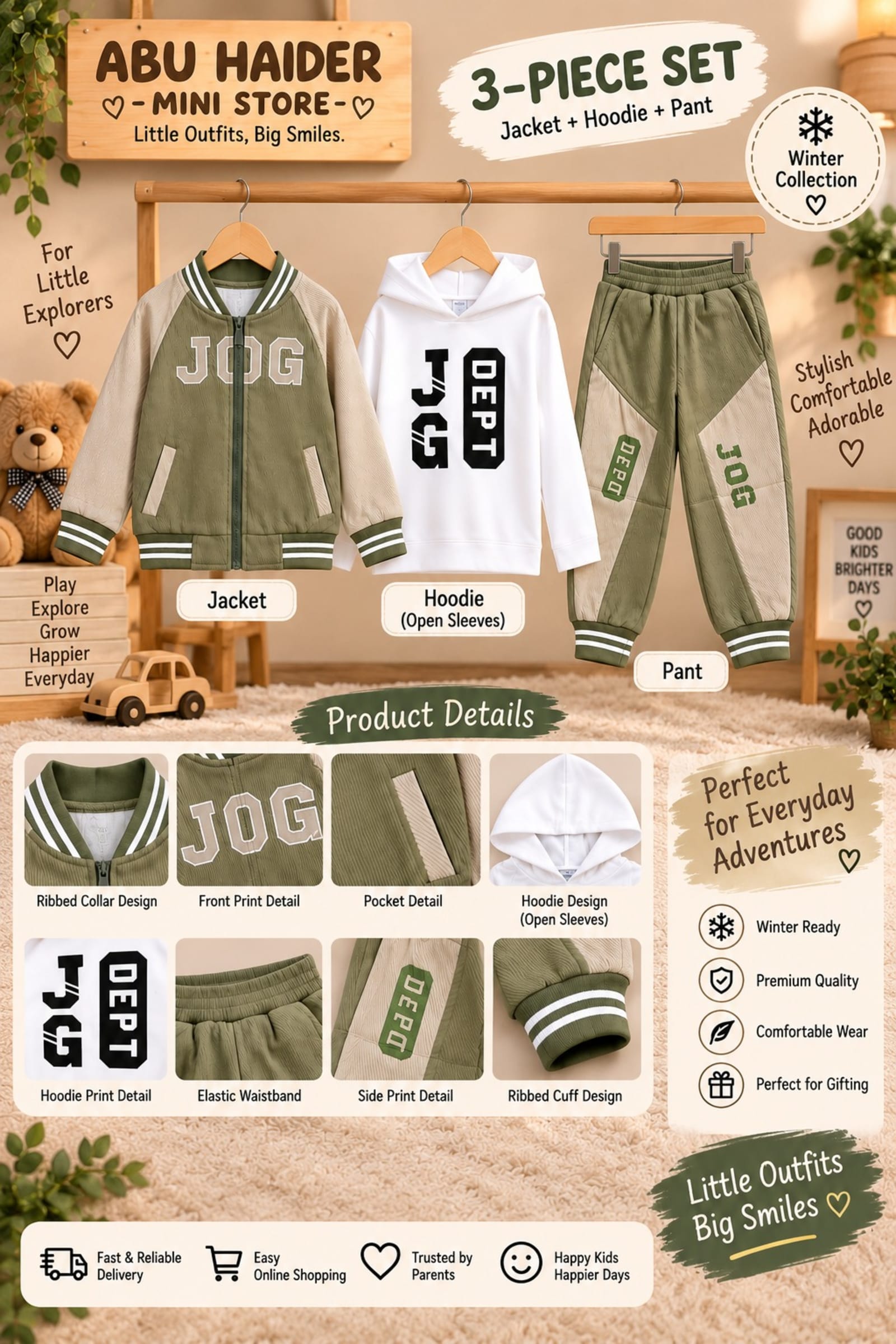 Boys 3-Piece Winter Outfit Set – Beige & Khaaki Printed Hoodie, Jacket & Jogger Pants alternate view