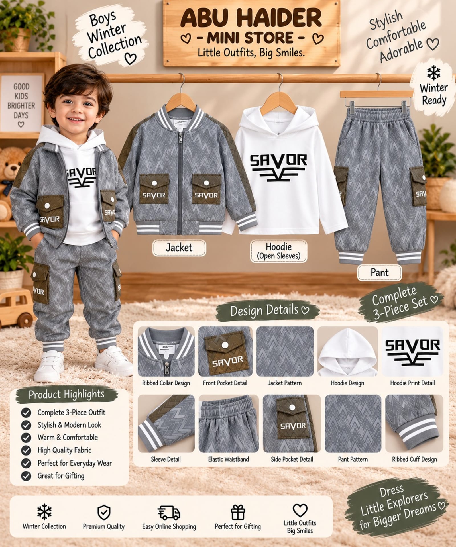 Boys 3-Piece Winter Outfit Set – Grey, Olive and White Color Combination Printed Hoodie, Jacket & Jogger Pants
