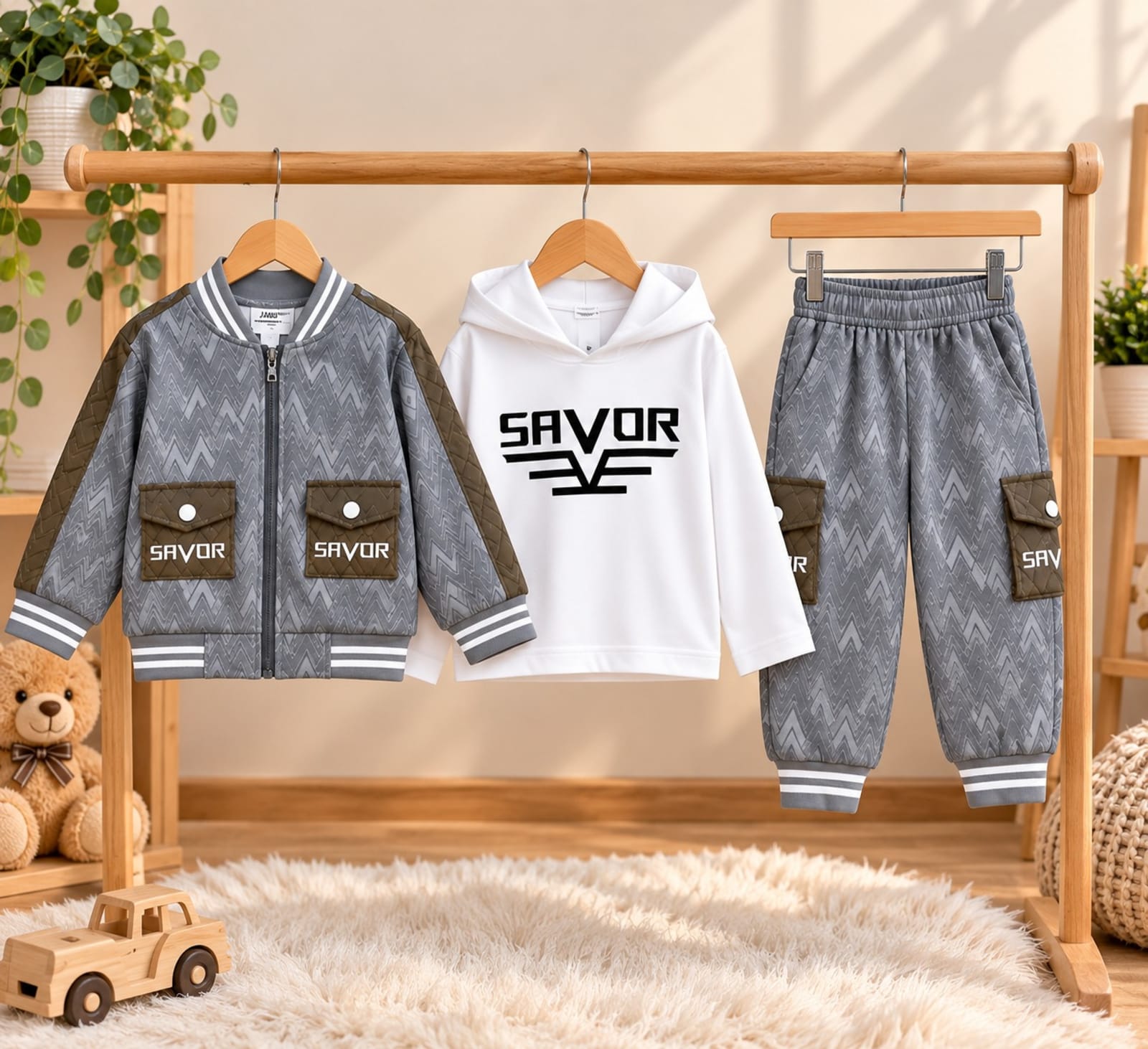 Boys 3-Piece Winter Outfit Set – Grey, Olive and White Color Combination Printed Hoodie, Jacket & Jogger Pants