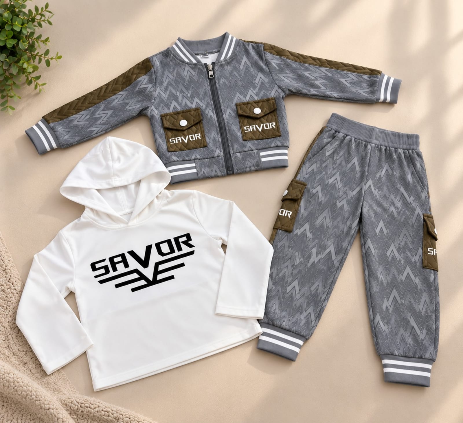 Boys 3-Piece Winter Outfit Set – Grey, Olive and White Color Combination Printed Hoodie, Jacket & Jogger Pants alternate view
