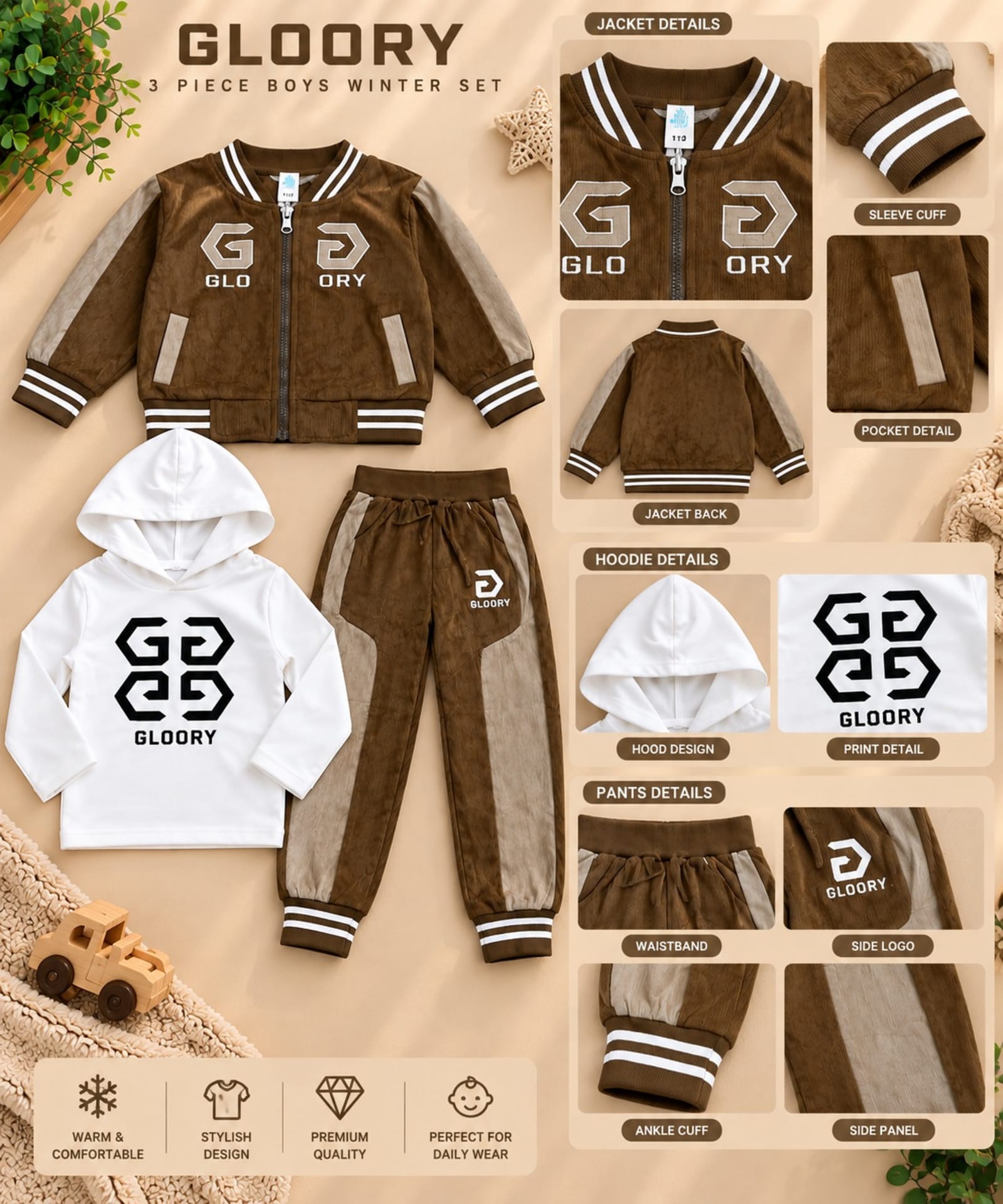 Boys 3-Piece Winter Outfit Set – Brown & Beige Printed Hoodie, Jacket & Jogger Pants alternate view