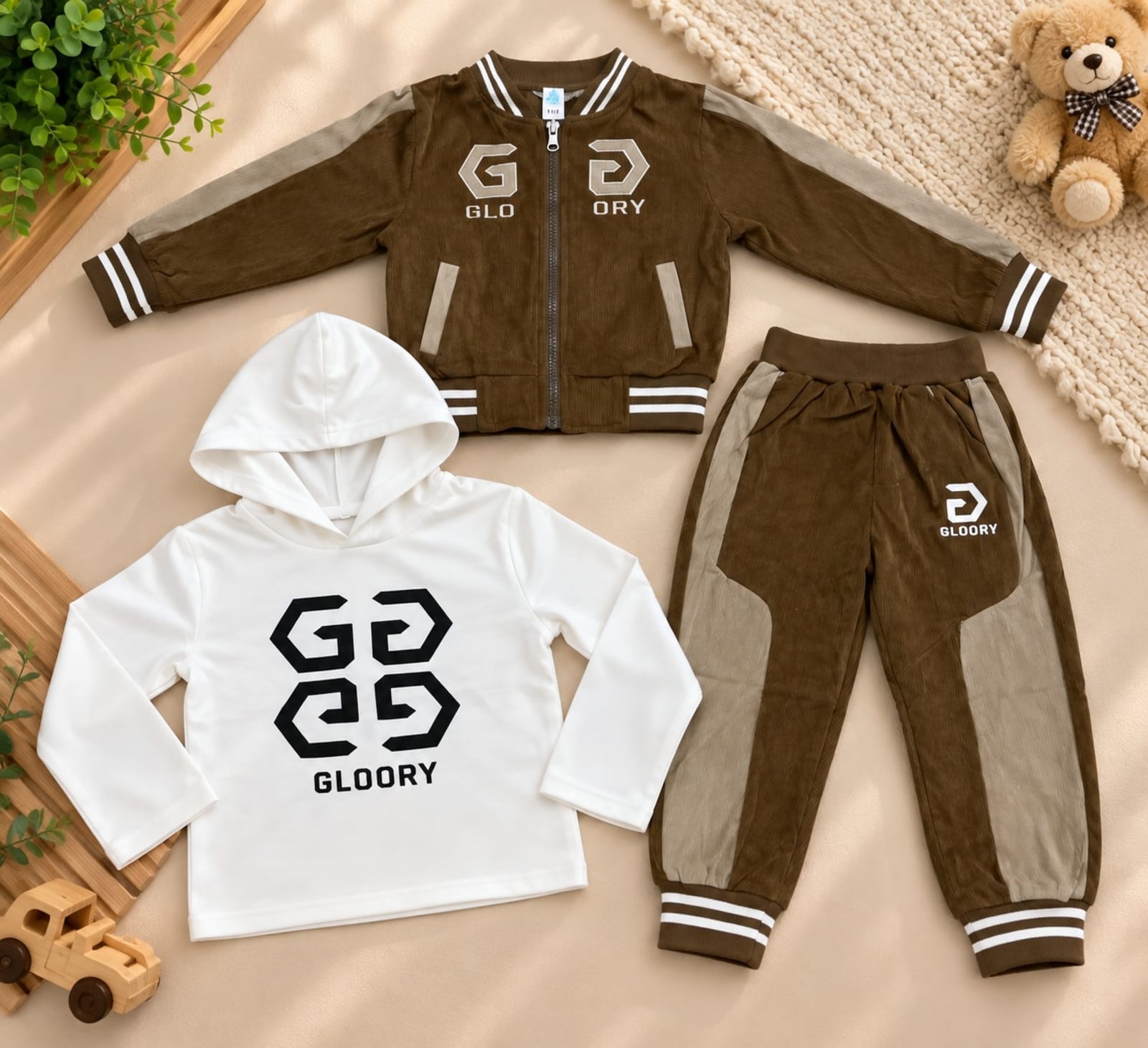 Boys 3-Piece Winter Outfit Set – Brown & Beige Printed Hoodie, Jacket & Jogger Pants