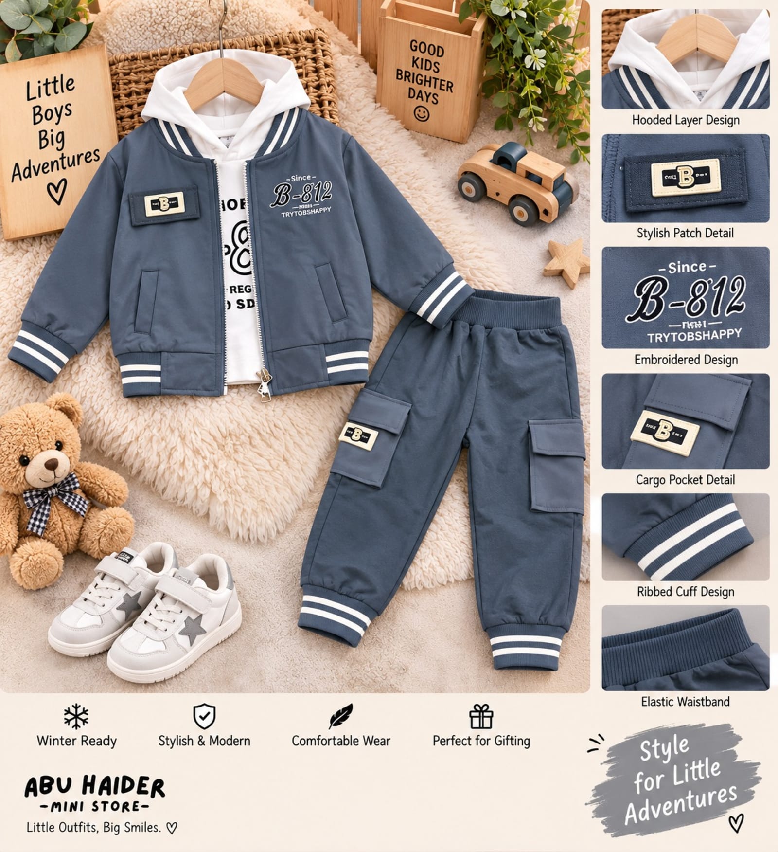 Boys 3-Piece Winter Outfit Set – Blue & White Hoodie, Jacket & Jogger Pants
