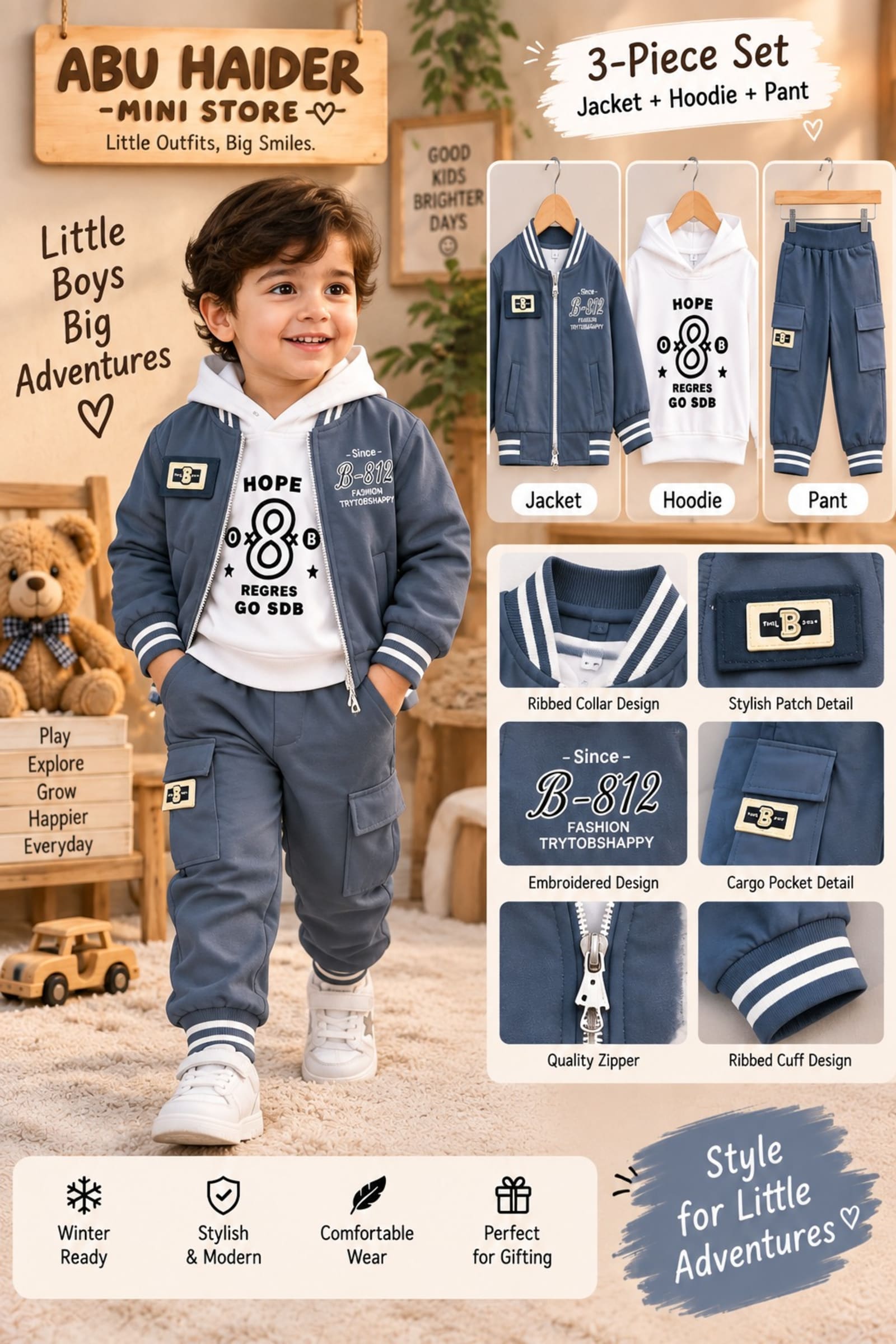 Boys 3-Piece Winter Outfit Set – Blue & White Hoodie, Jacket & Jogger Pants alternate view